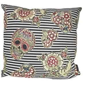 Sugar Skull Floral Embroidered Pillow 18x18" Black Velvet Back Zip Art Deco Boho